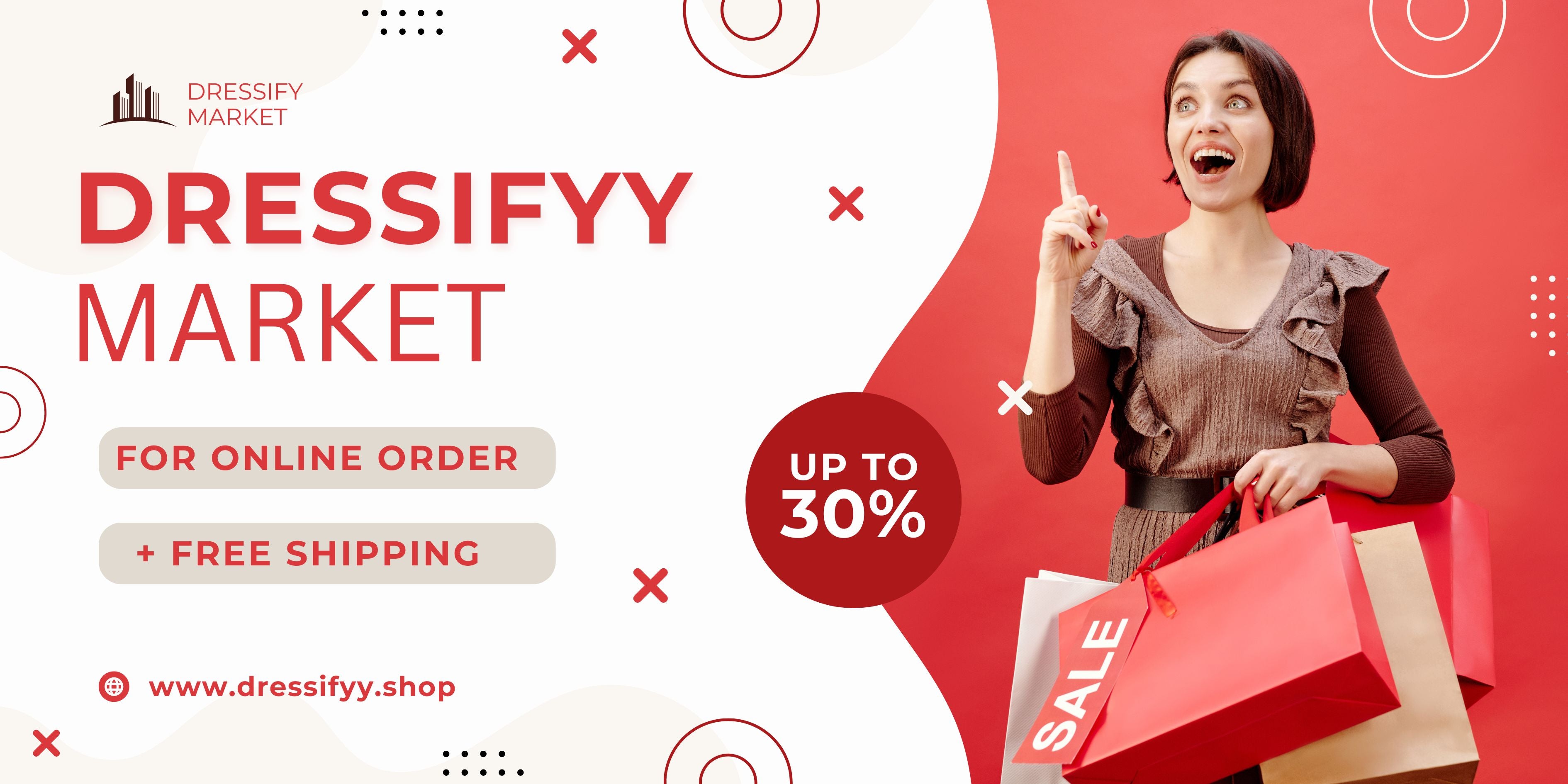 Promotional banner for Dressifyy Market with a woman holding shopping bags on a red background